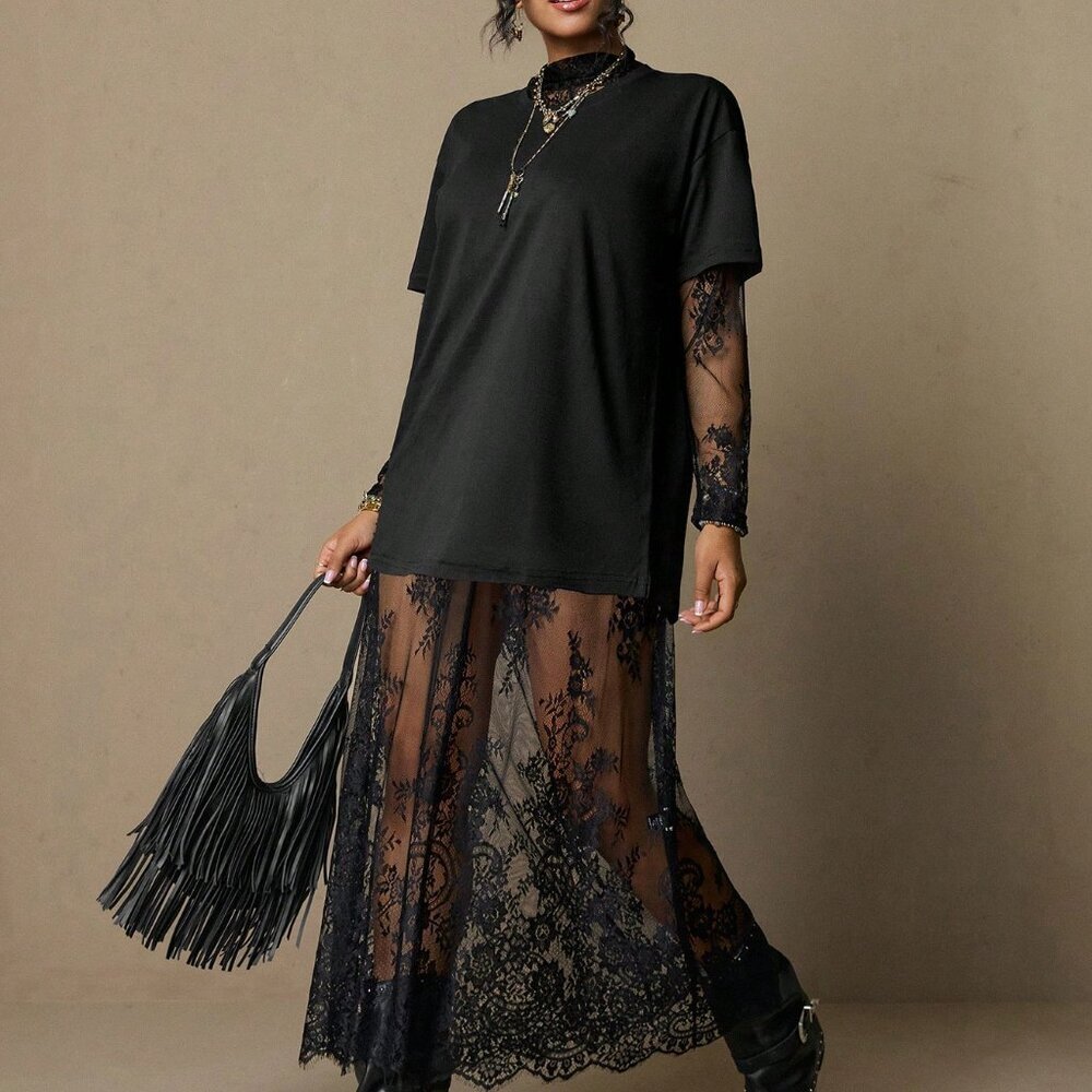 Black Boho Women's Elegant Plus Size Lace Maxi Dress - Picture 5 of 8